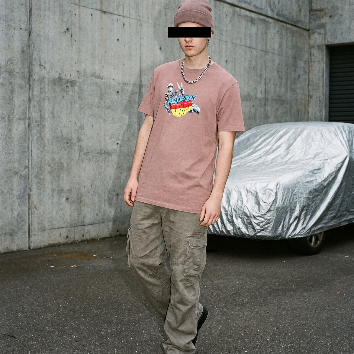 Aqua Teen Metal tee (hazy pink) — on-model 2
