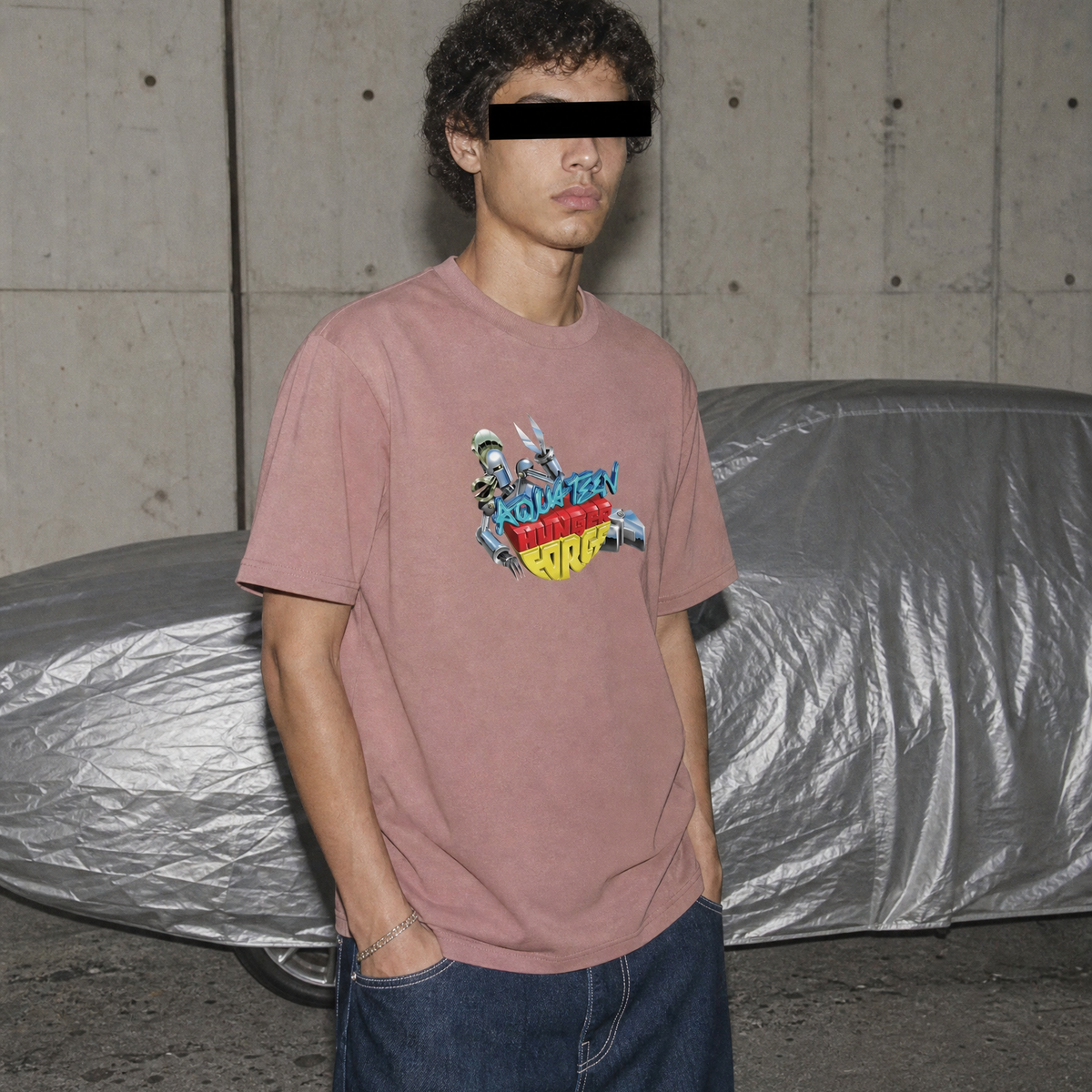 Aqua Teen Metal tee (hazy pink) — on-model