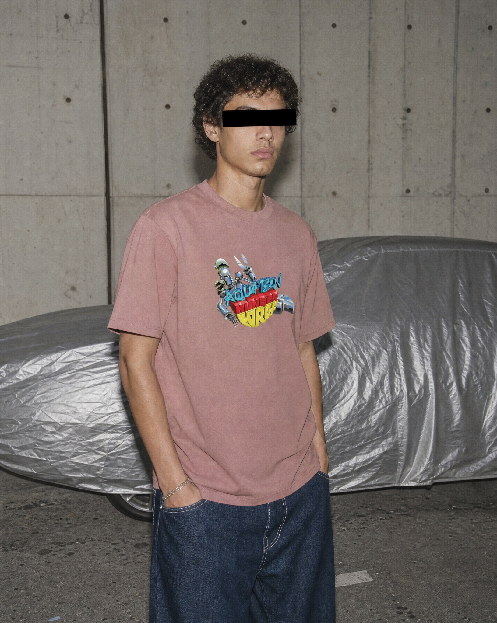 Aqua Teen Metal tee (hazy pink) — on-model