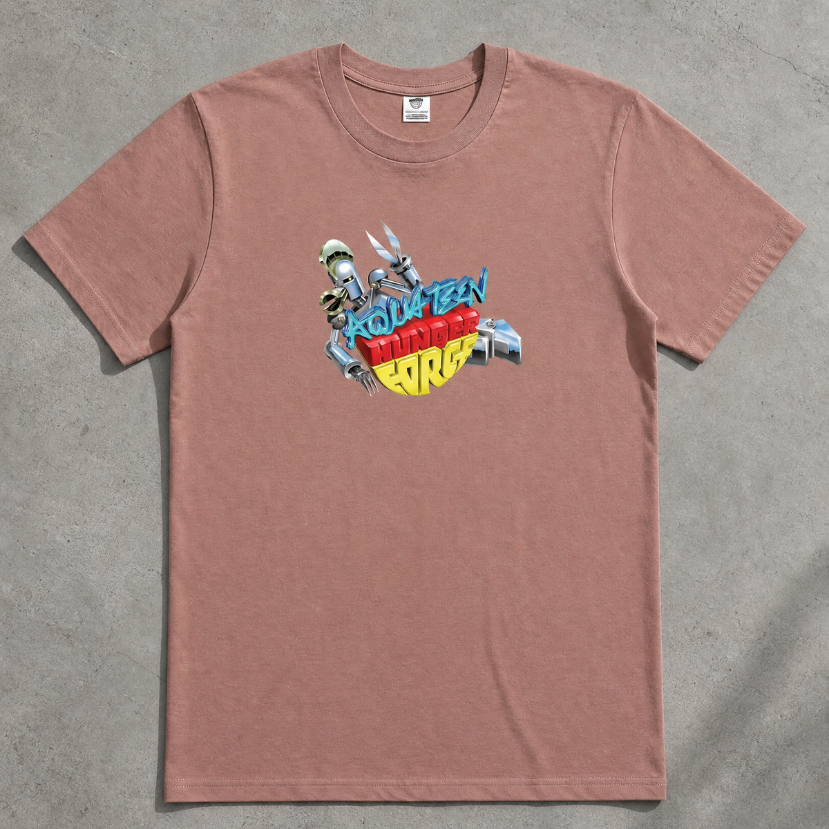 Aqua Teen Metal tee (hazy pink) — flat-lay