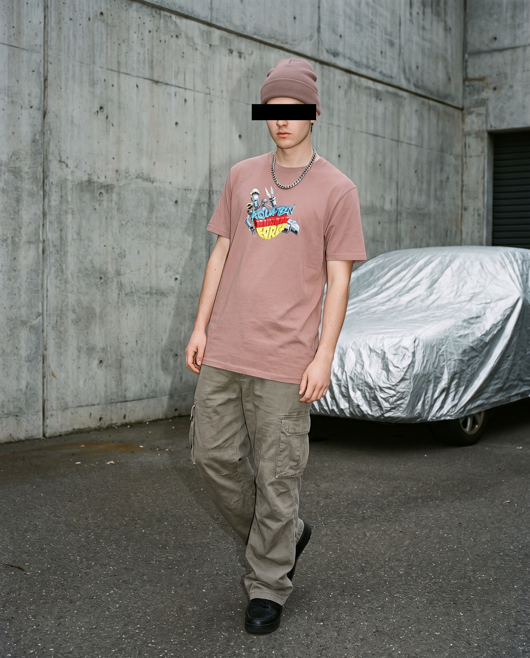 Aqua Teen Metal tee (hazy pink) — on-model 2