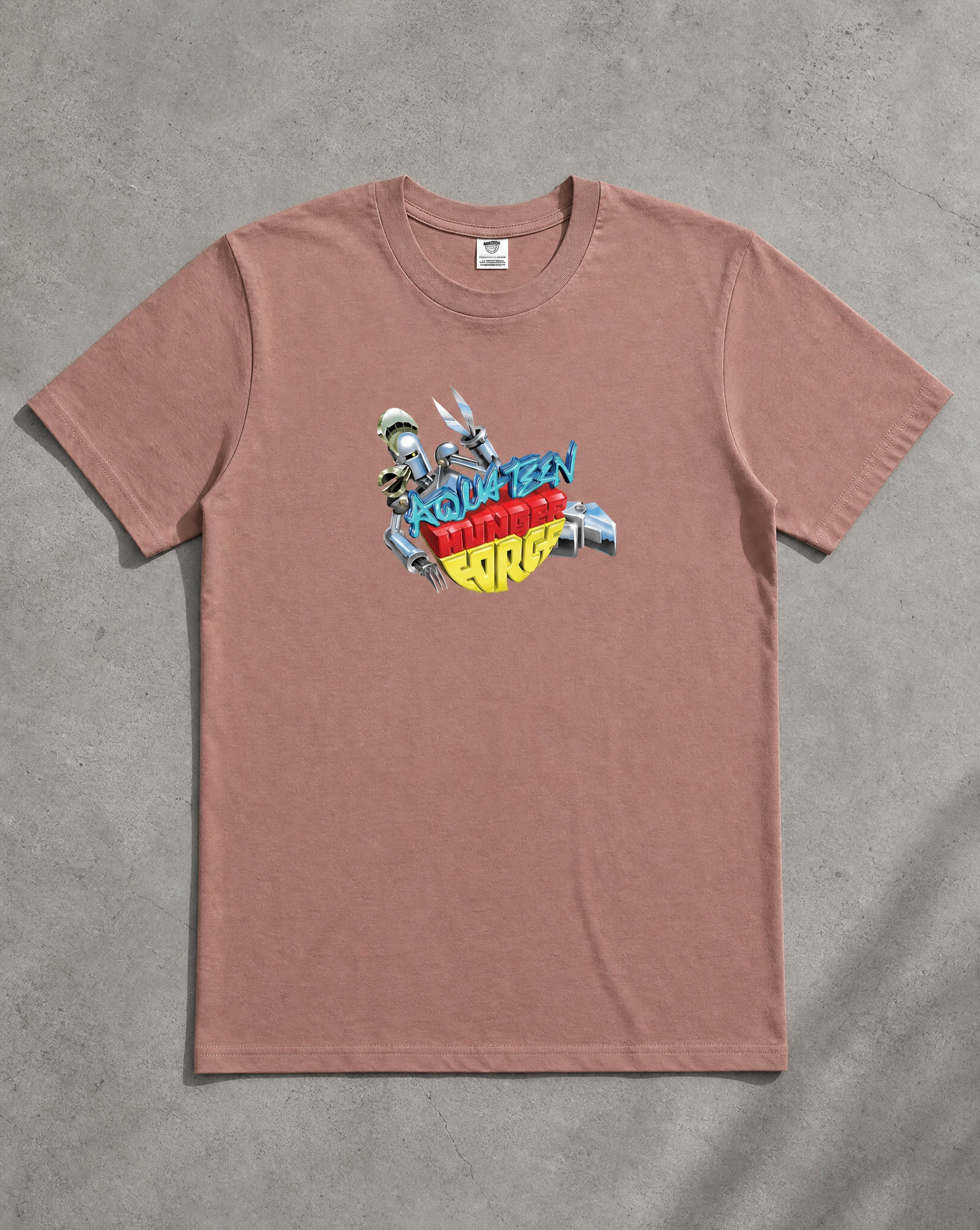 Aqua Teen Metal tee (hazy pink) — flat-lay